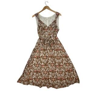 VTG Merona Brown Floral Birds Midi Whimsy Twee Cottage Cotton Dress sz 16 Party